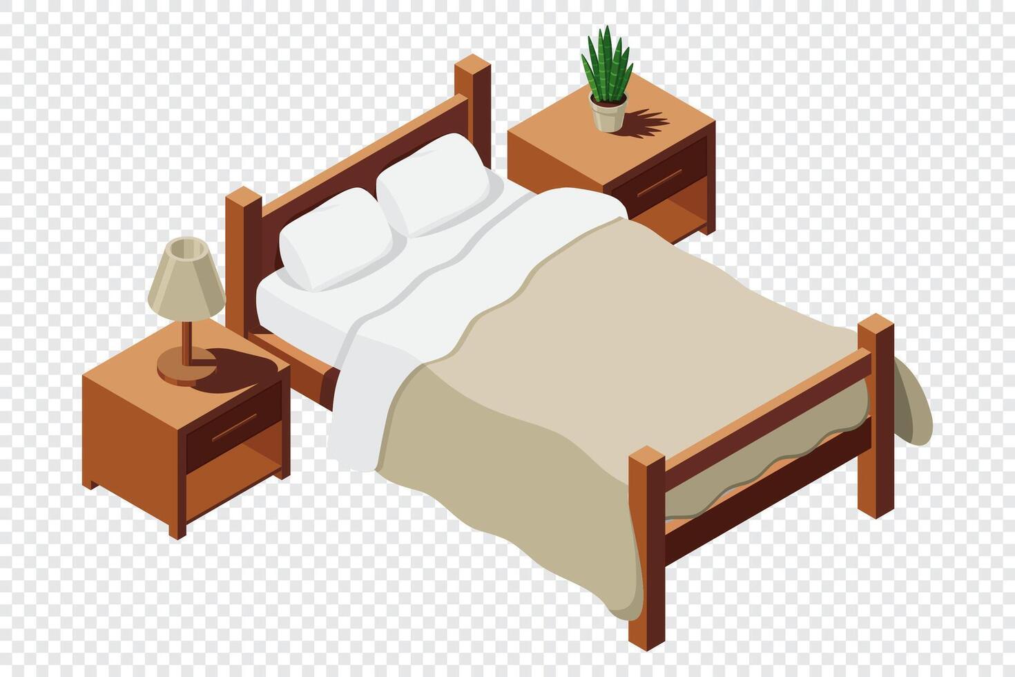 isométrica cama con cabecera mesas. dormitorio interior con cama, mesitas de noche y noche lámpara. isométrica dormitorio mueble vector