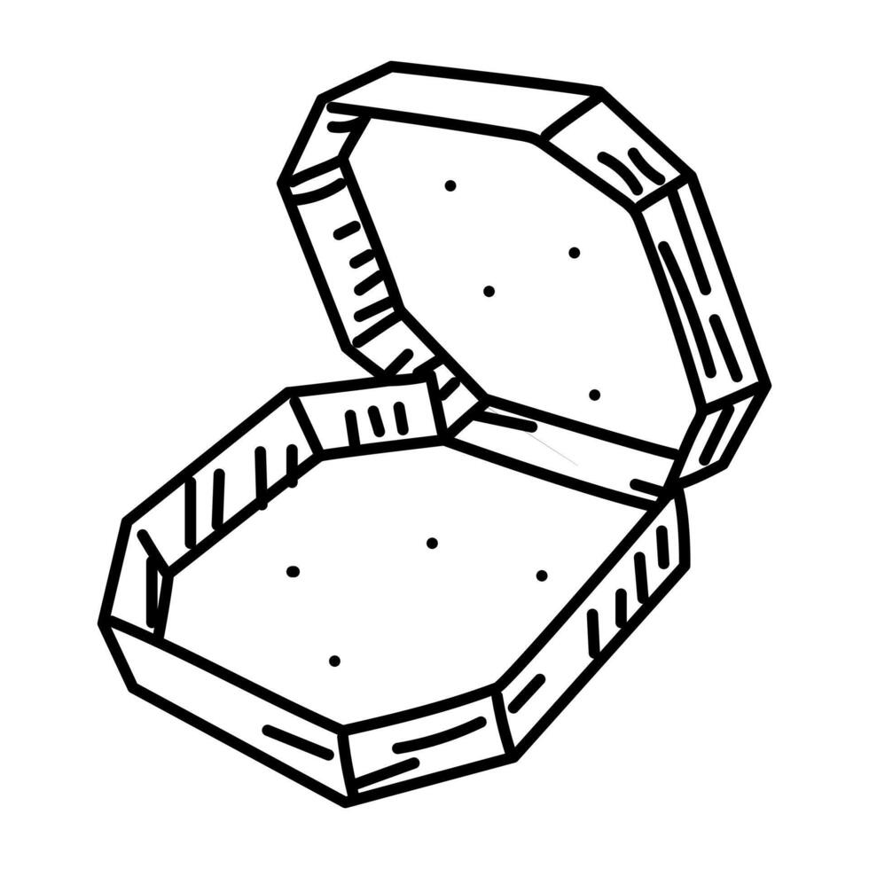Open cardboard pizza box in Doodle style. Box for packaging and sending ready-made pizza, half sideways. Paper delivery container. Engraving, line, doodle monochrome object. Hand-drawn in retro style vector