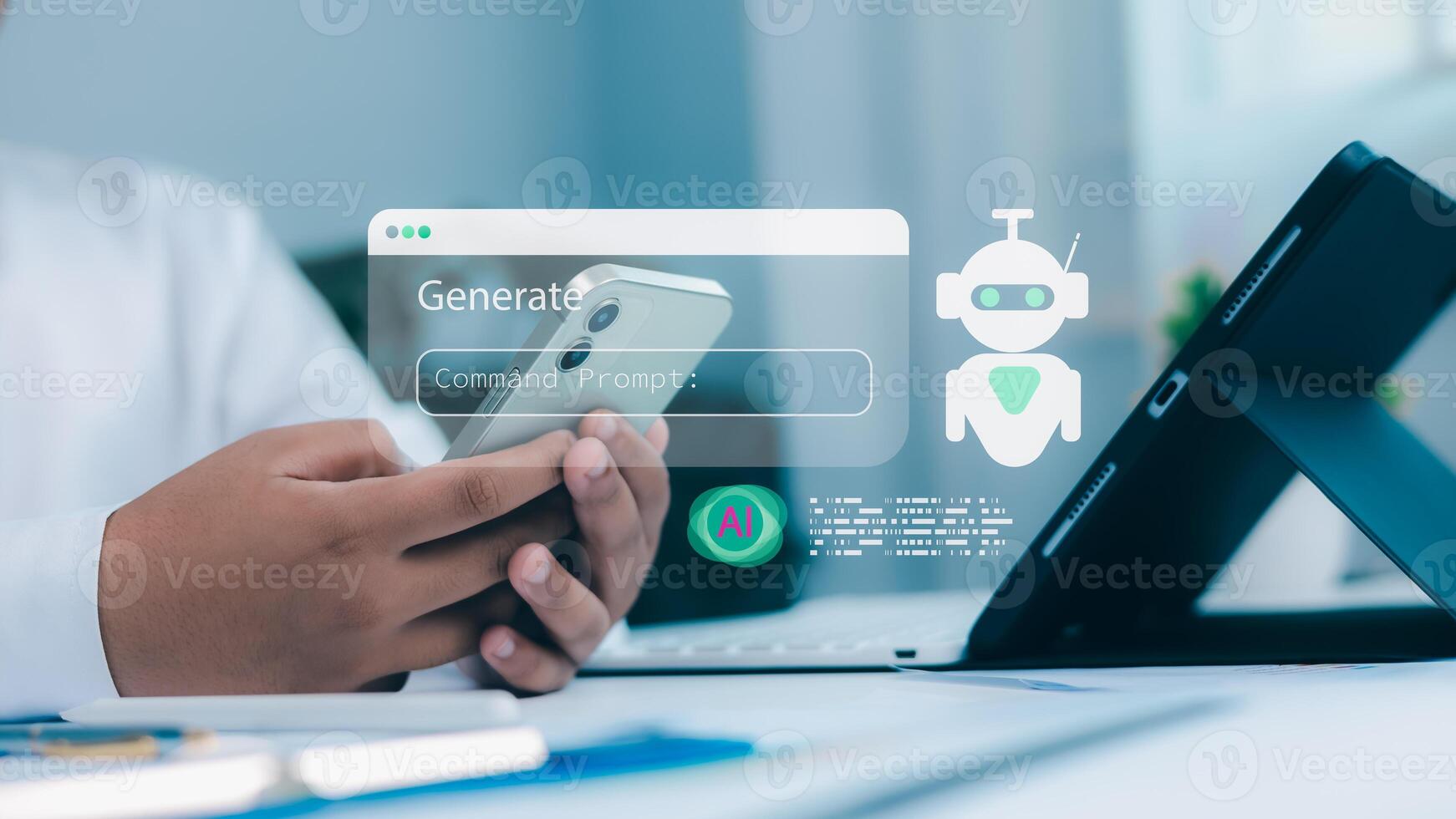 Artificial intelligence and automation concept. Person using smartphone with AI chatbot command prompt and robot icon on tablet screen. photo