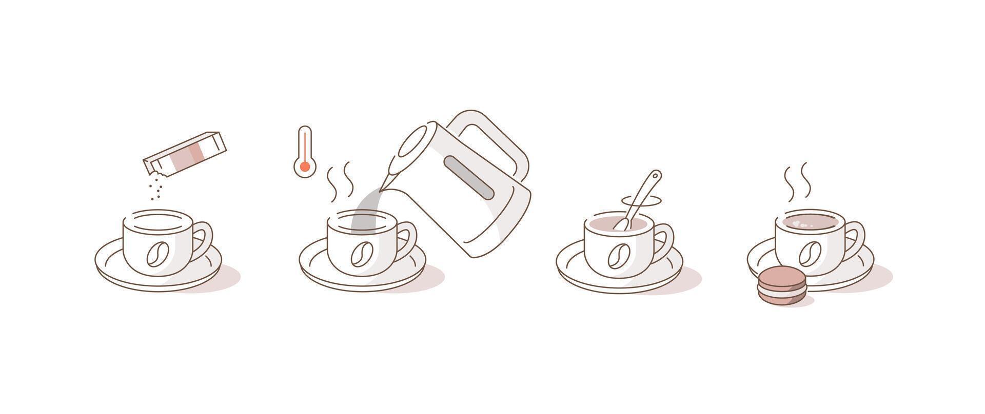 Instruction How to Brewing Instant Coffee. Pour Coffee Granules Mixture in Cup, Add Boiling Water, Wait for few Minutes. Cooking Direction for Hot Drink vector