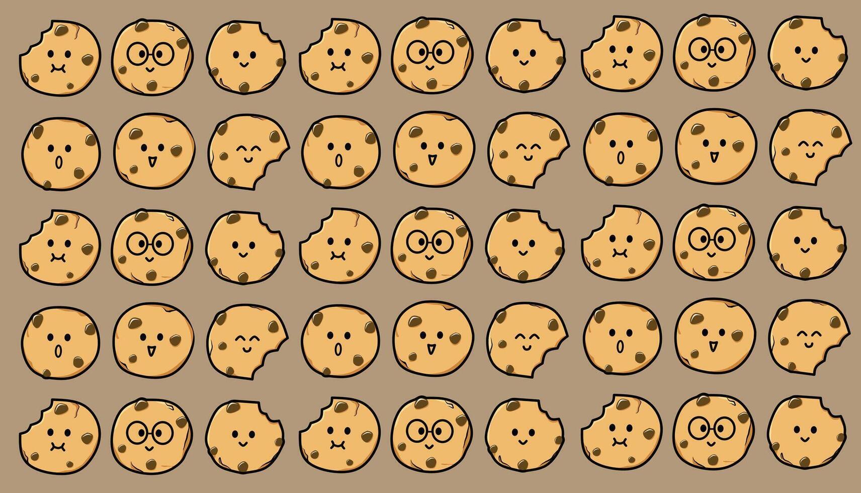 Cute chocolate chip cookie pattern with kawaii faces in cartoon style on brown background creating a playful and sweet design for fabric wallpaper and wrapping paper vector