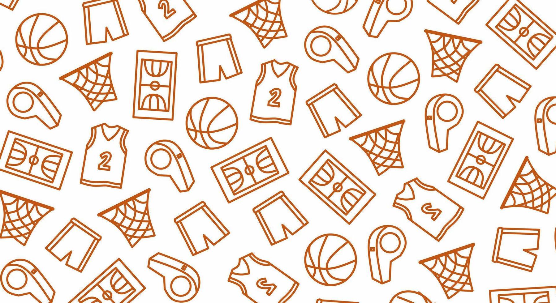 Basketball pattern with outline icons of balls courts jerseys shorts nets and whistles in orange line art style creating a sporty and dynamic design for fabric wallpaper and wrapping paper vector