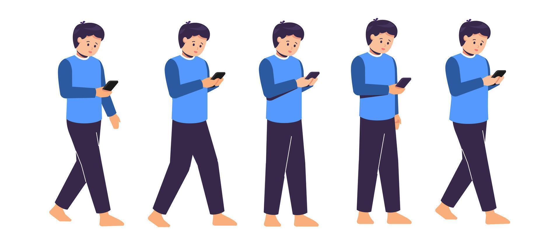 set of men with a phone walking against a white background. netizens concept vector