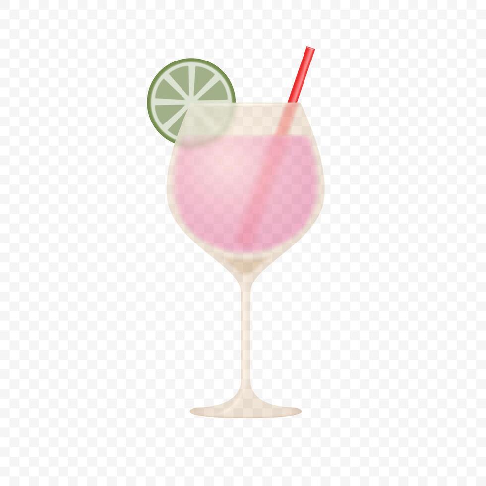 Cocktail glass with green lemon and red straw in minimalistic 3d style isolated on light background. vector