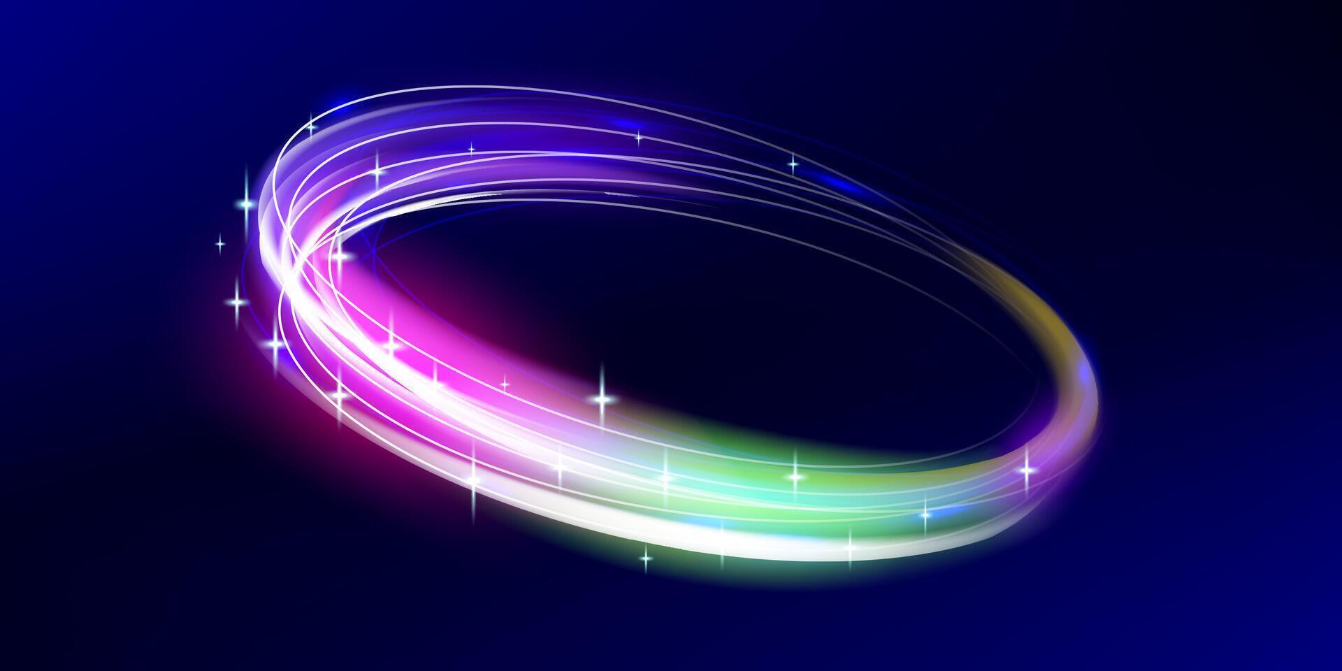 Glowing blue neon ring with swirling light lines and sparkling particle trails. Dynamic circular vortex with magic energy motion for futuristic space or digital backgrounds. vector