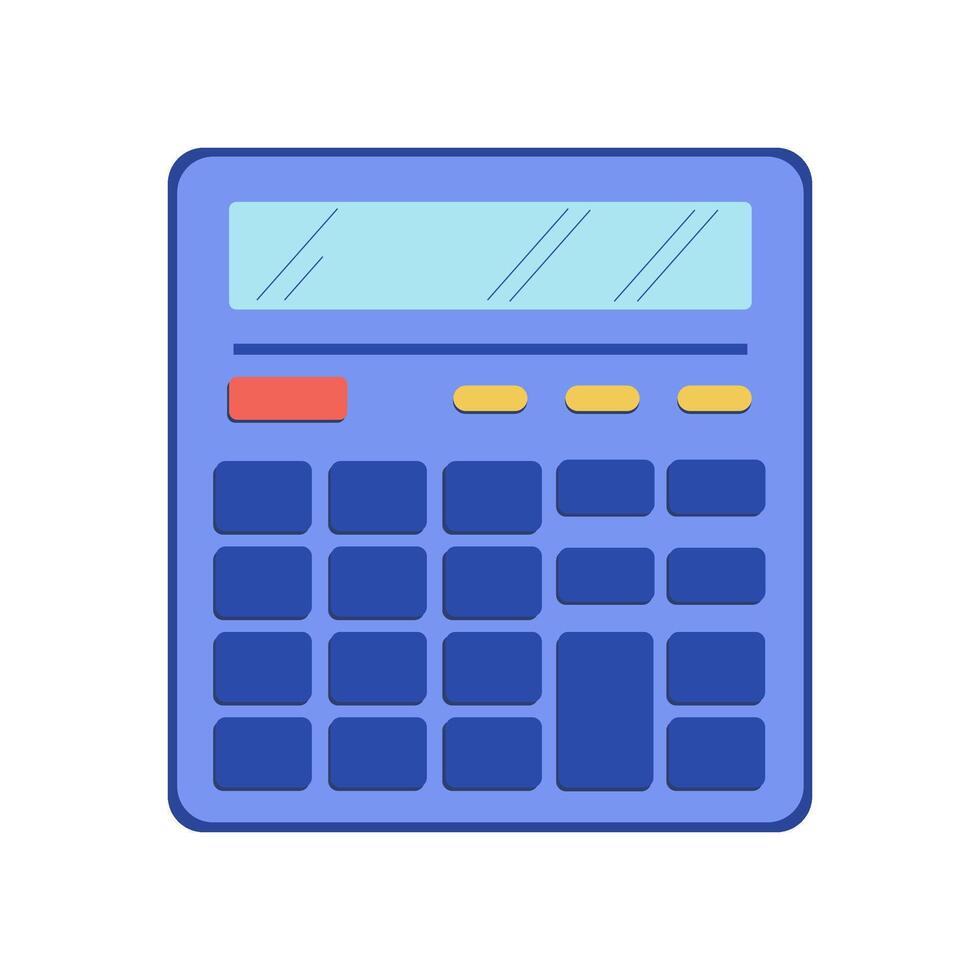 Blue calculator with red, yellow, and dark blue buttons, flat graphic style, concept of calculation and finance vector