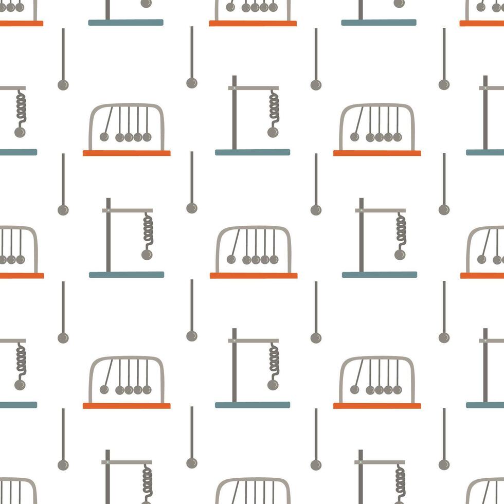 Spring loaded pendulum and Newton's cradle seamless pattern. Flat style hand drawn illustration. Physics science dynamics vector