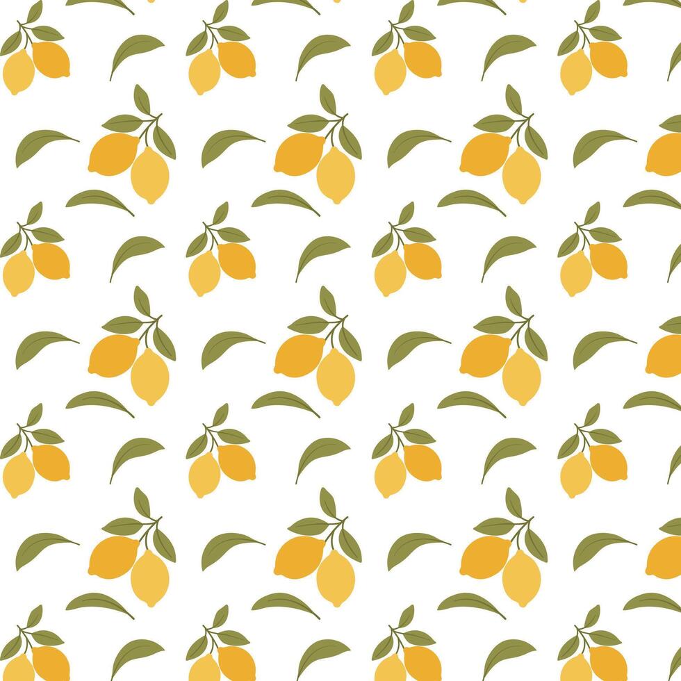Seamless lemon pattern with yellow citrus fruits and green leaves on a white background. Fresh and bright design ideal for summer textiles, kitchen decor, wrapping paper, and digital projects. vector