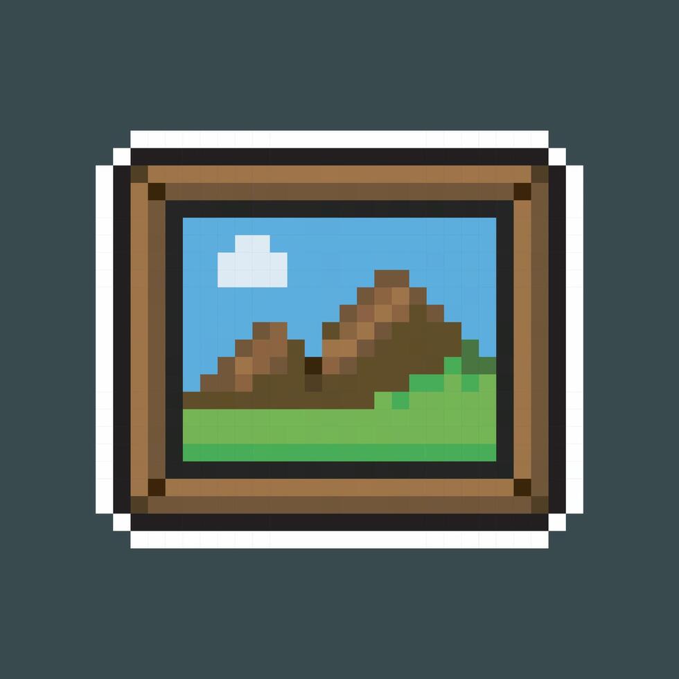 picture on the frame in pixel art style with outline and isolated background vector