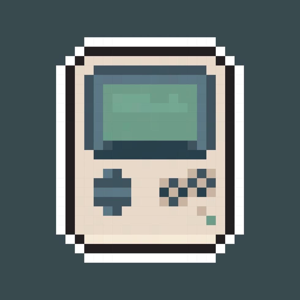 handheld retro game console in pixel art style with isolated background and outline vector