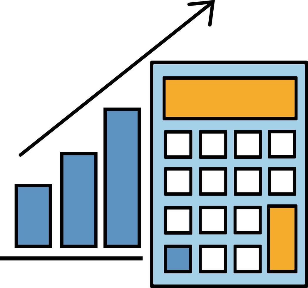 Illustration of a bar graph with an upward trending arrow and a calculator, symbolizing financial growth and calculation. vector
