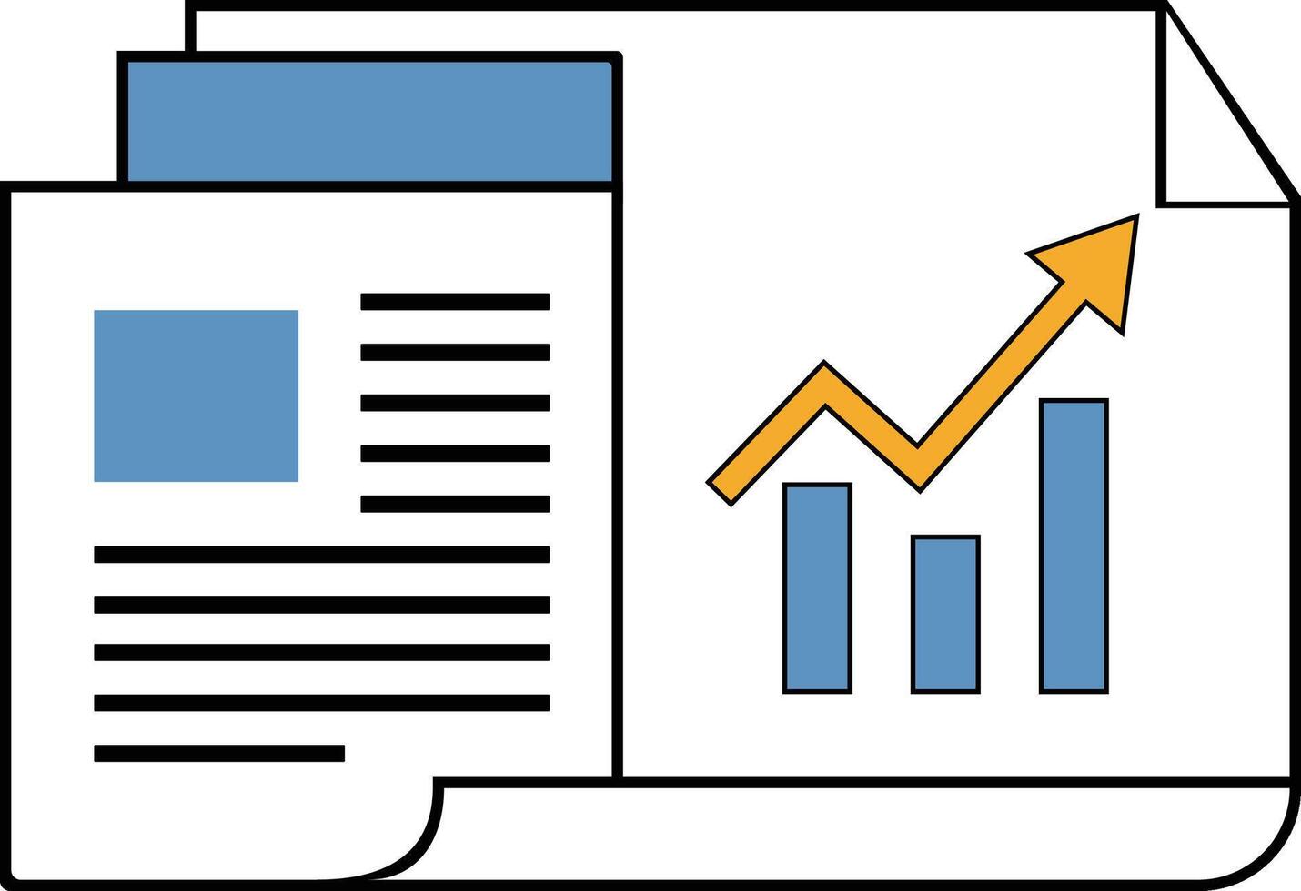 Illustration of two documents, one with text and a blue square, the other with a blue bar graph and an upward-pointing yellow arrow. vector