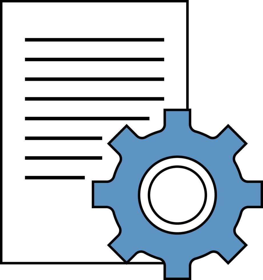 A document icon with horizontal lines of text, accompanied by a blue gear or cogwheel, symbolizing process, settings, or technical documentation. vector