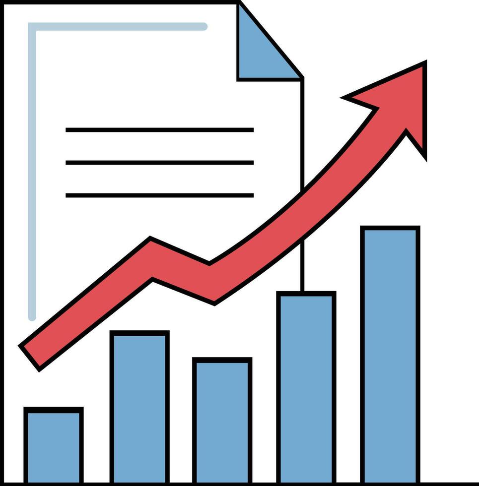 A bar graph showing upward growth, with a red arrow indicating positive trend, accompanied by a document icon. vector