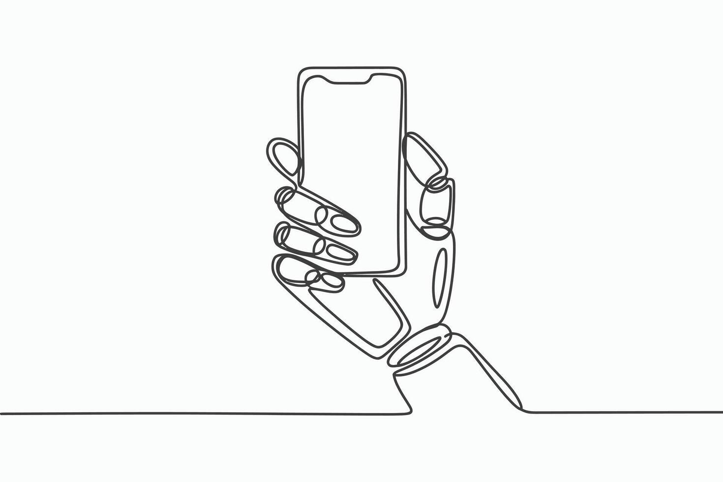 Robot hand holding a smartphone continuous line art isolated on white background vector