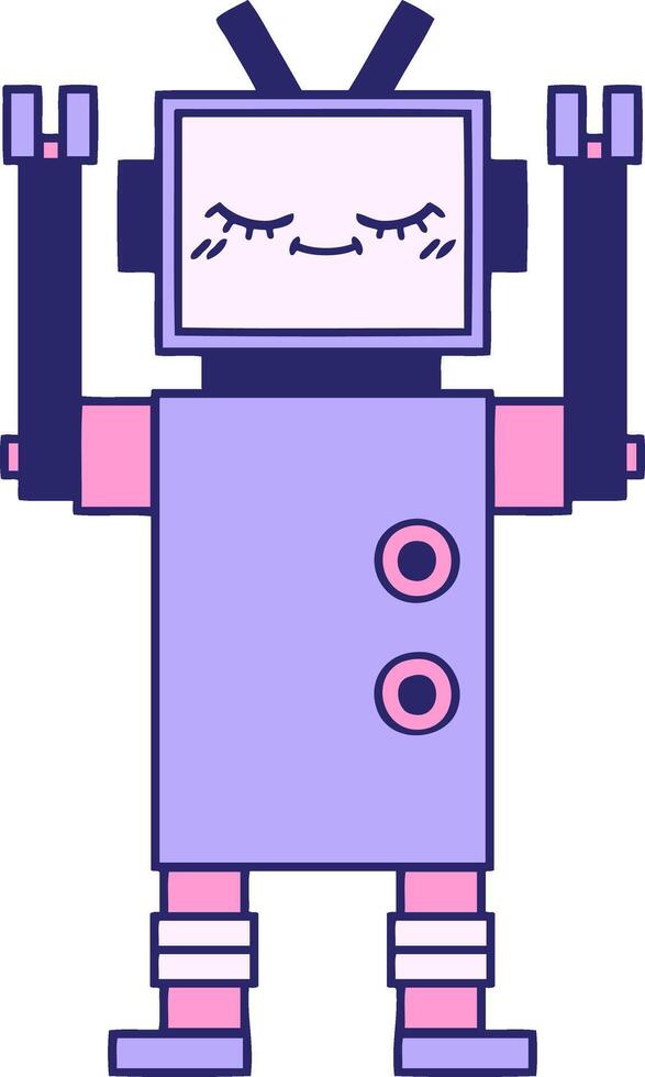 A robot with arms up and a purple background vector