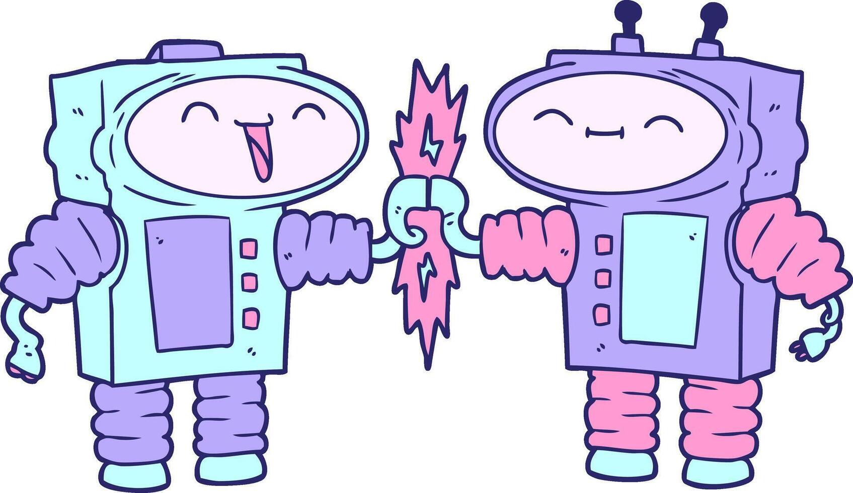 Two robots holding hands with a lightning bolt vector