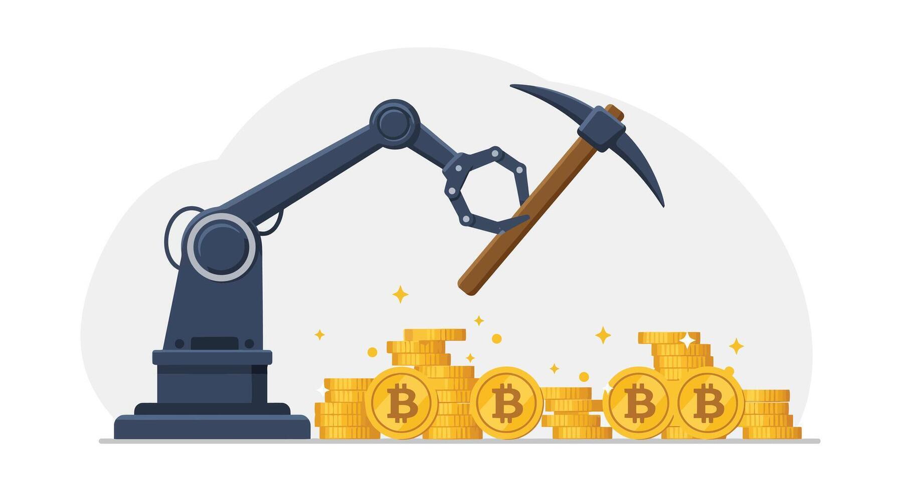 A robot with a pick and a hammer holding a pile of gold coins vector