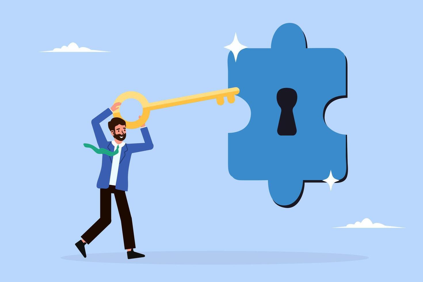 Turnkey solution unlocks success. Key fits puzzle hole, solving customer problems. Ready-to-use tech concept. Business metaphor. vector