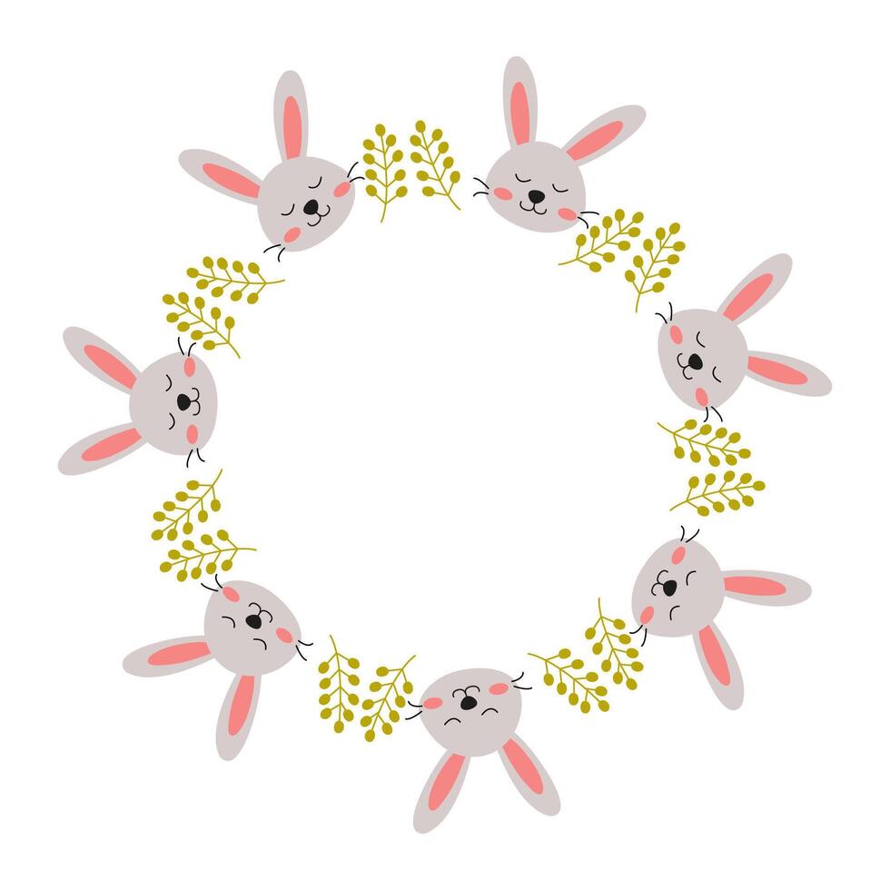 Round frame Cute bunny faces arranged in a circular pattern with greenery for a festive or playful design element vector