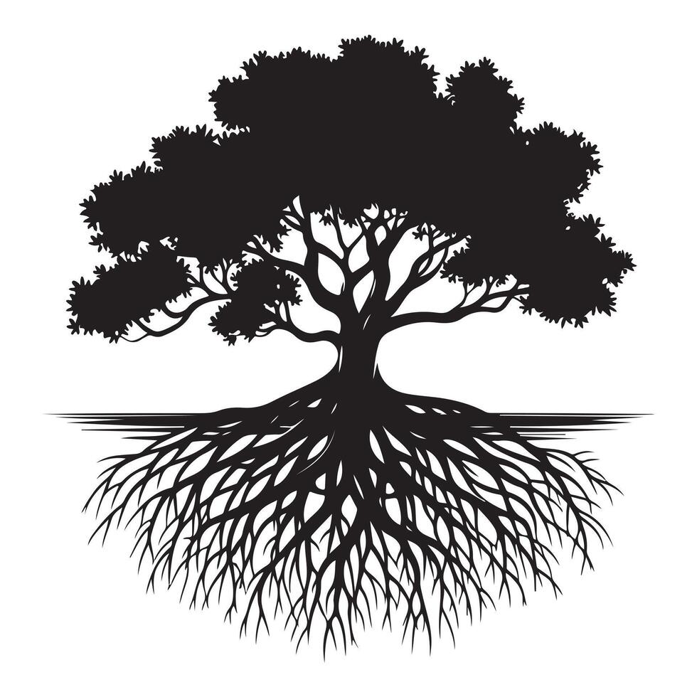 Black silhouette of a large tree with extensive root system on white background roots nature vector