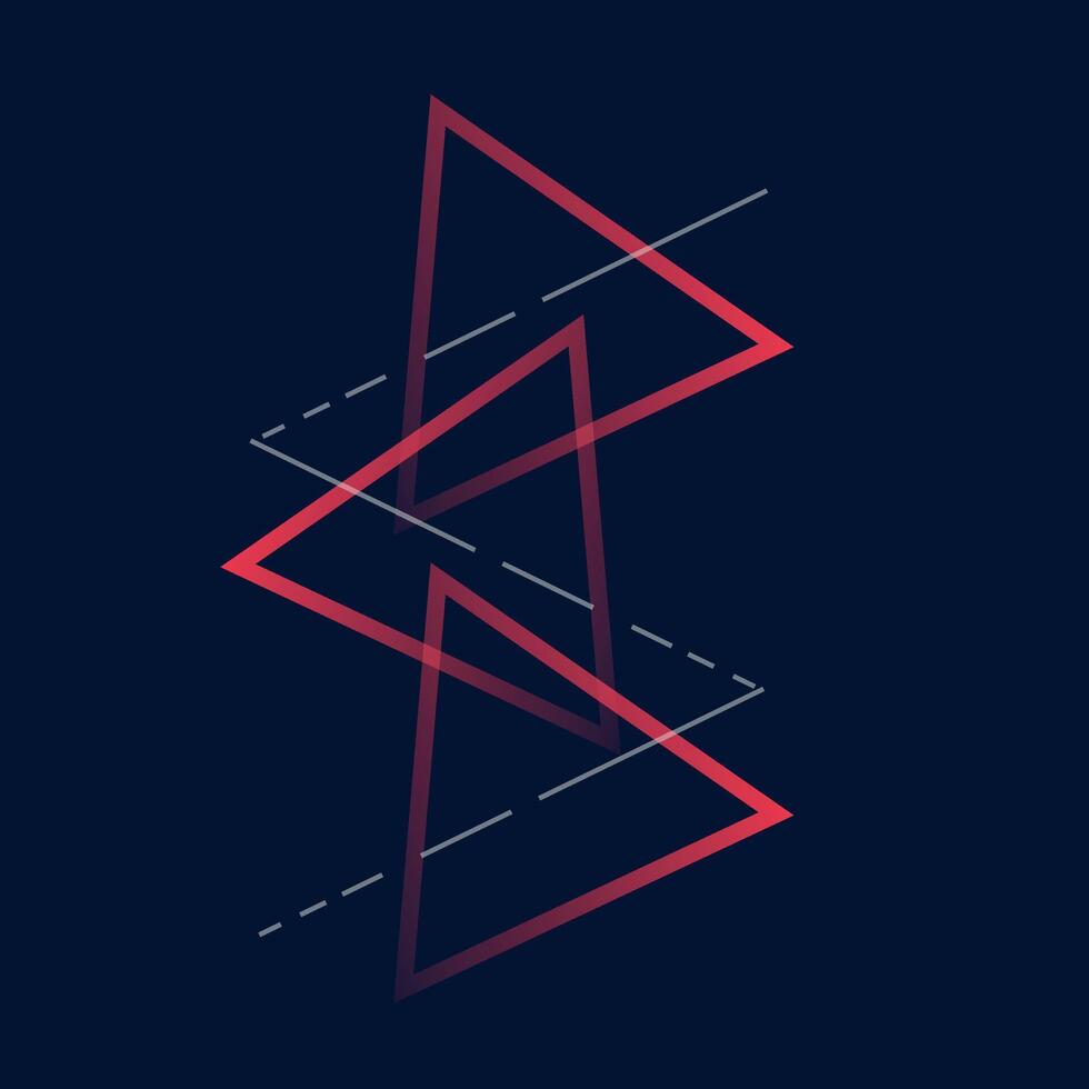 Abstract geometric composition with red outlined triangles and white dashed lines on dark blue background vector