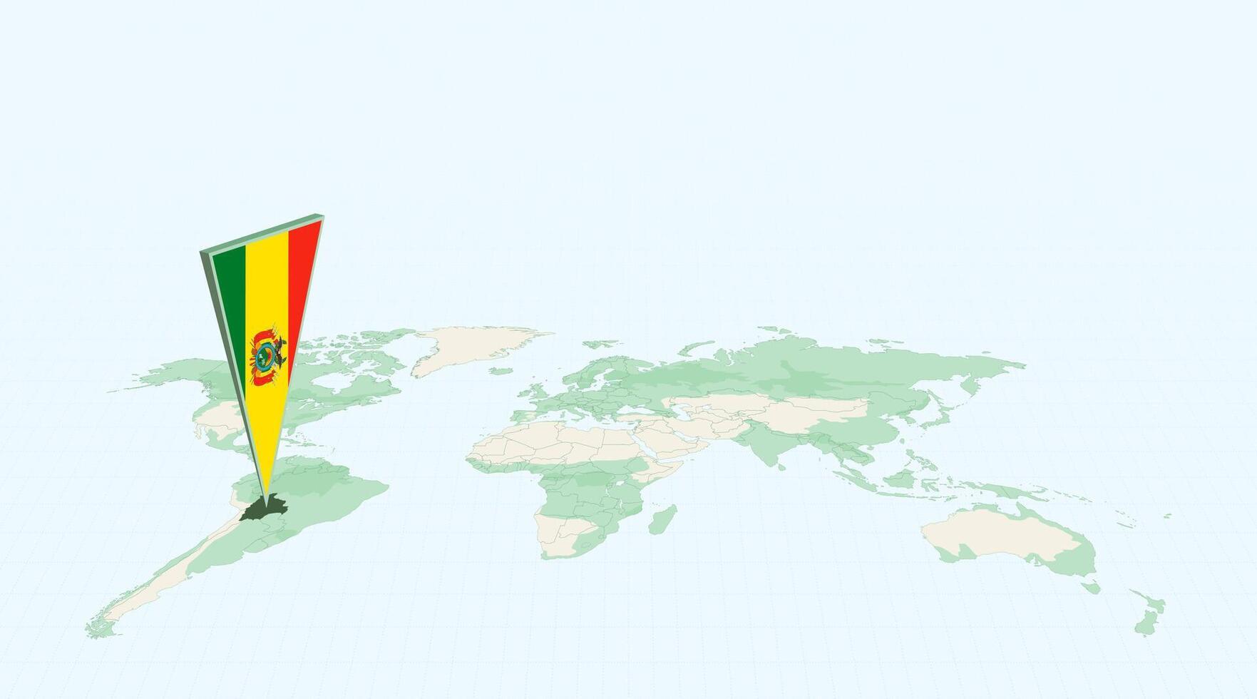 Highlighted Bolivia on Global Map with 3D Flag Location Pin of Bolivia. vector