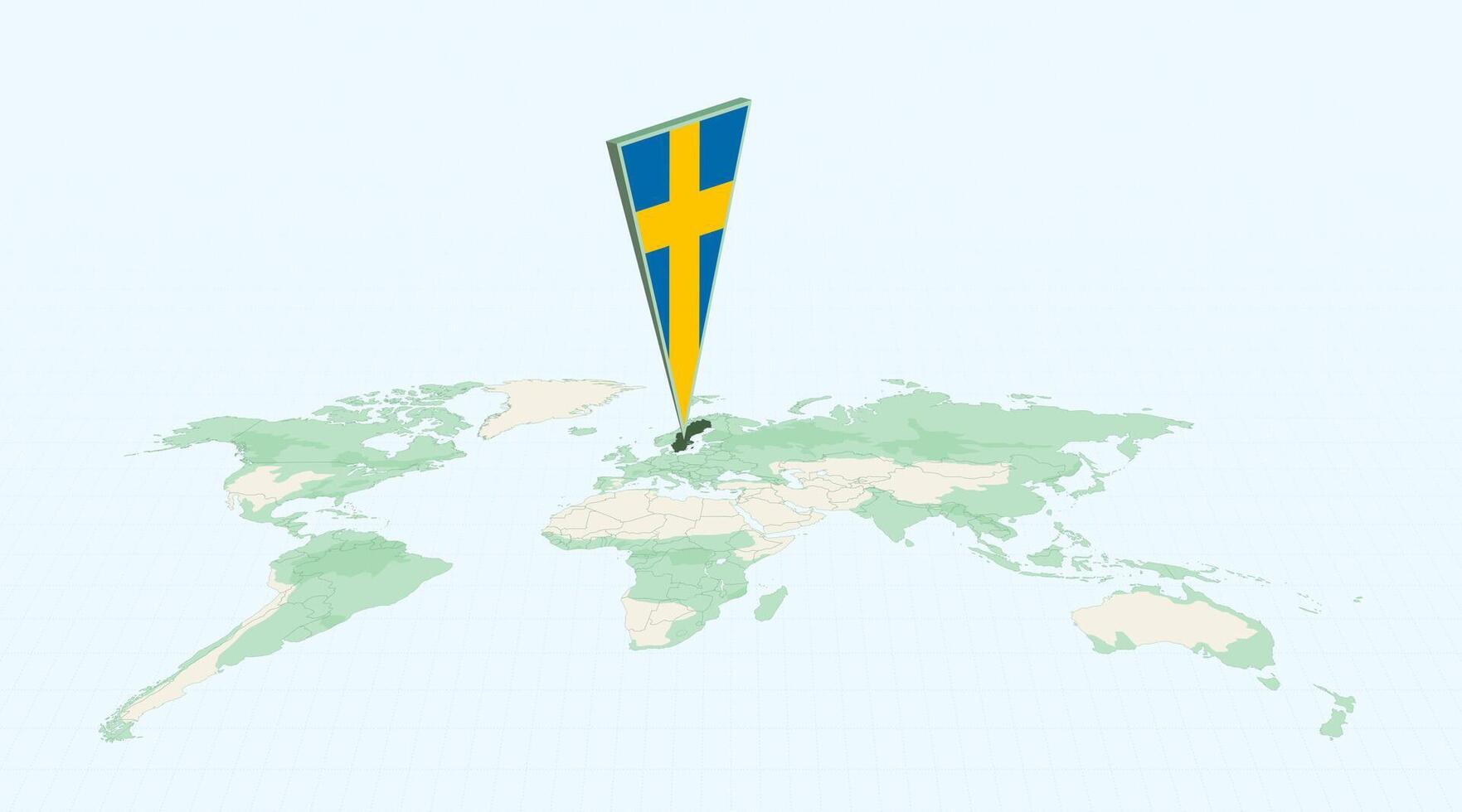 Highlighted Sweden on Global Map with 3D Flag Location Pin of Sweden. vector