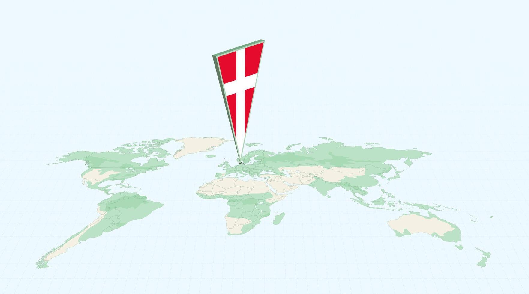 Highlighted Denmark on Global Map with 3D Flag Location Pin of Denmark. vector