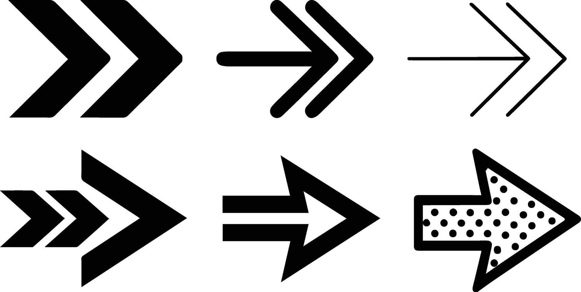 esta imagen muestra un conjunto de seis único flecha gráficos, cada con un diferente diseño. ellos variar en espesor, sombreado, y línea estilo, ofrecimiento diverso visual opciones vector