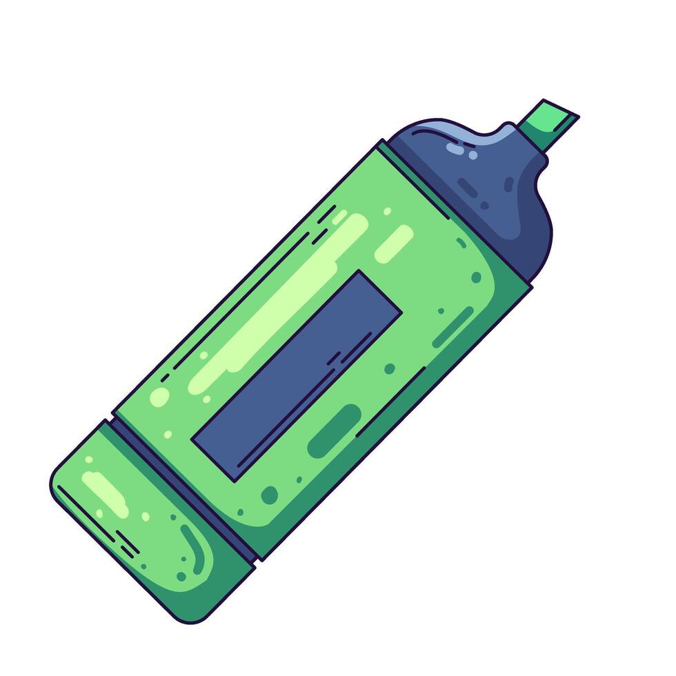 Green highlighter marker with chisel tip and cap. Cartoon style with bold outlines great for school stationery, office supplies, study tools, note taking, and creative design projects. vector
