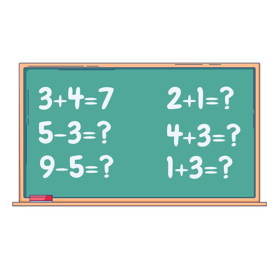 Classroom chalkboard with simple addition and subtraction problems. Cartoon style with bold outlines ideal for education themes, math lessons, worksheets, and school stationery designs. vector