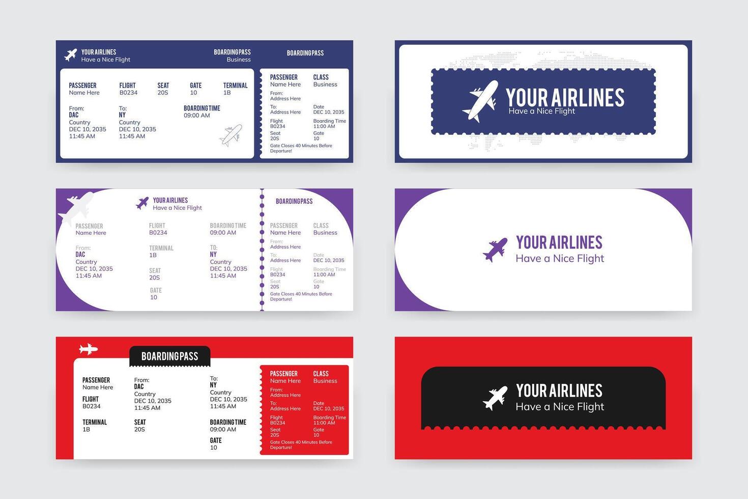 Boarding Pass Invitation For Airplane, Bundle of Airline Boarding Pass Design Template. Minimalist Flight Ticket Bundle vector