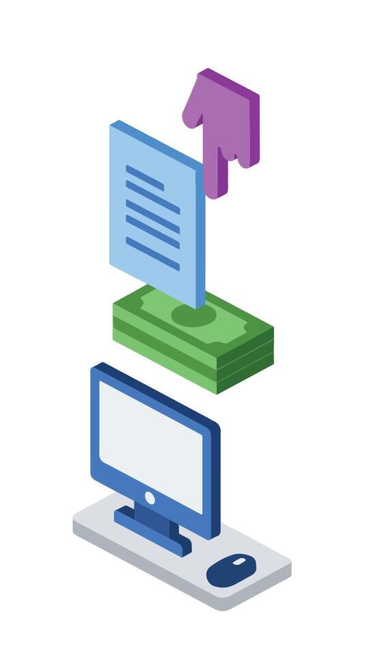 A computer monitor, mouse and money are on top of a desk vector