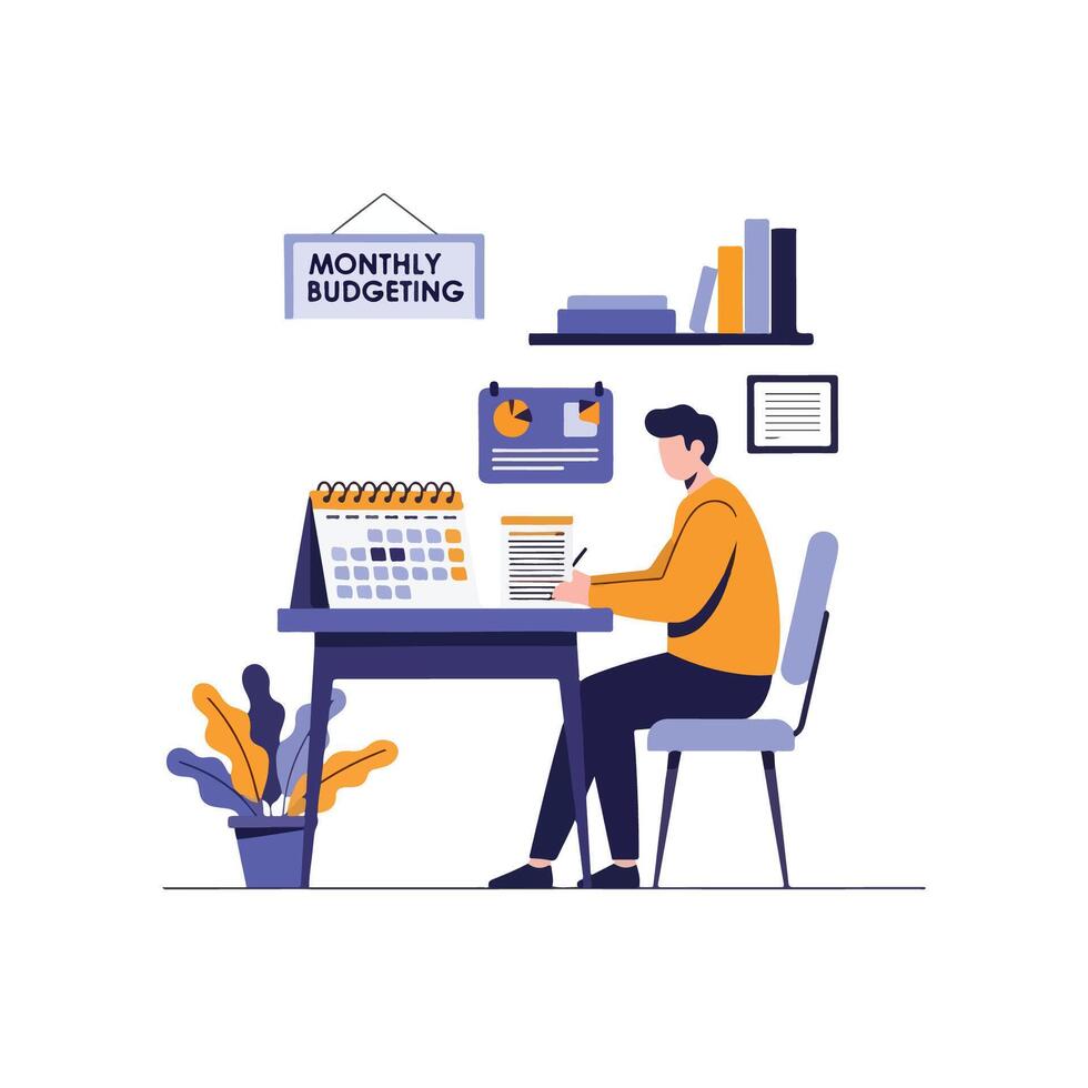 A man is sitting at a desk with a calendar and a calendar on it vector