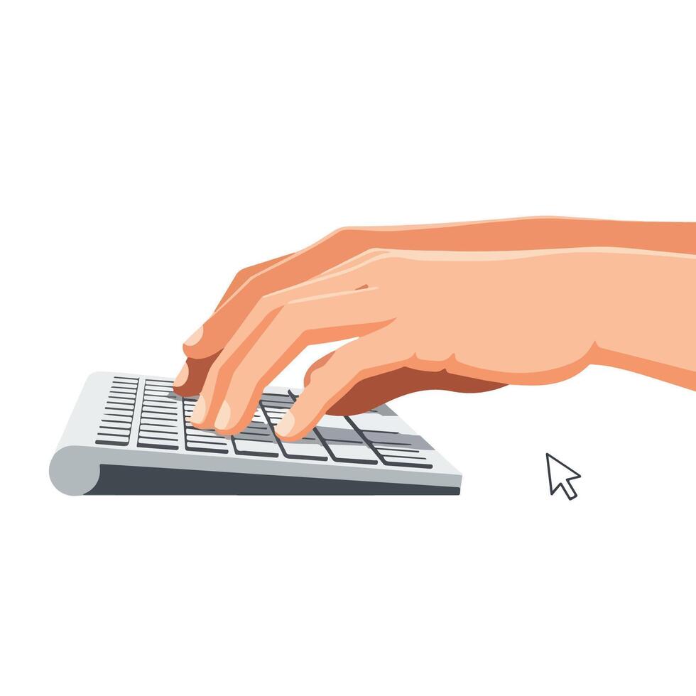 A hand typing on a keyboard with a mouse pointer vector