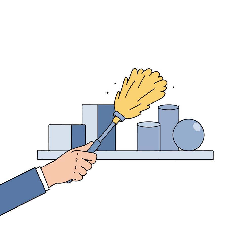 A hand holding a broom and a chart with a bar graph vector
