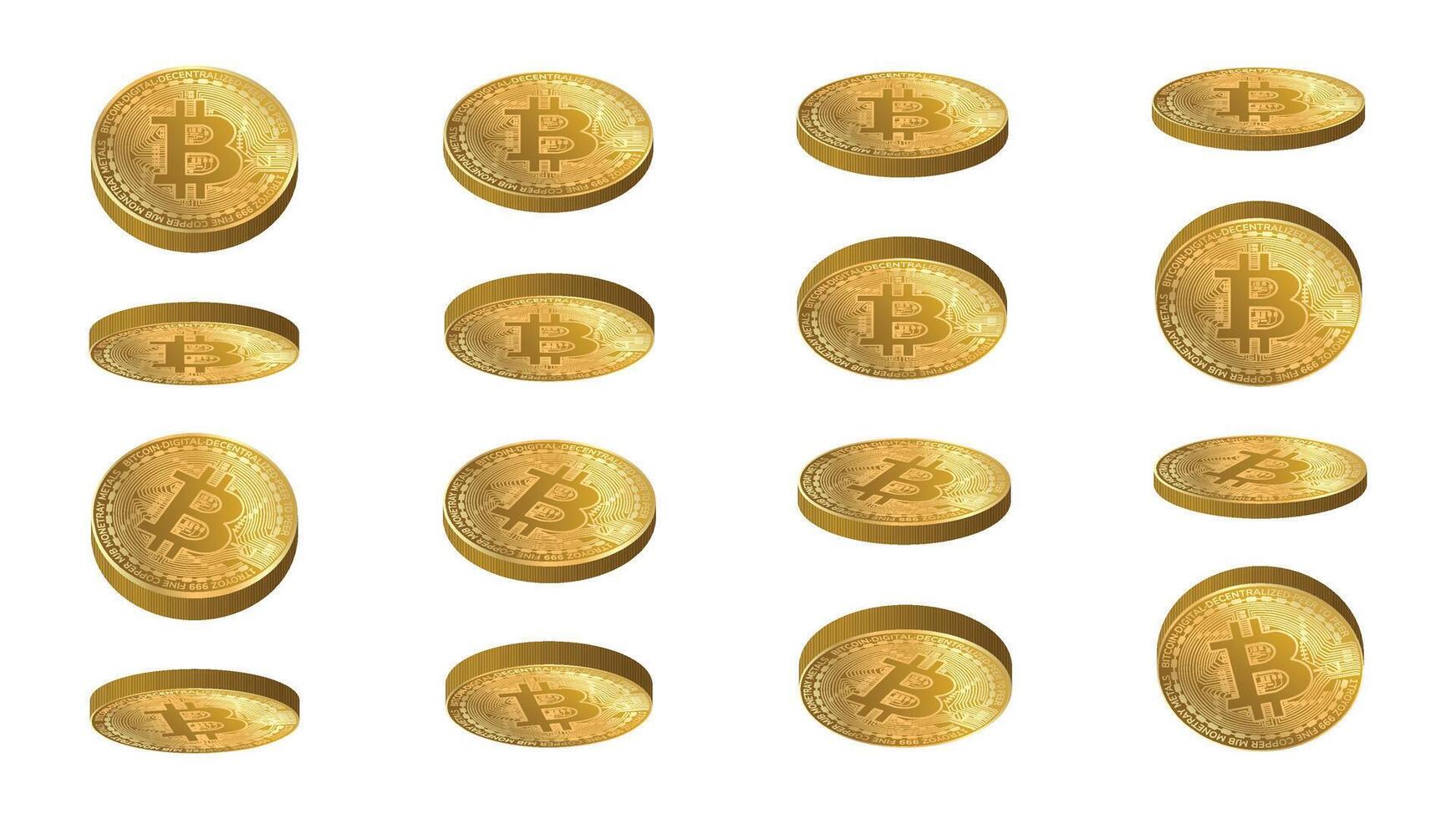 Bitcoin set realistic icon in different positions, front, side and back. 3d style of golden coins. Blockchain and investment financial assets and transactions. vector