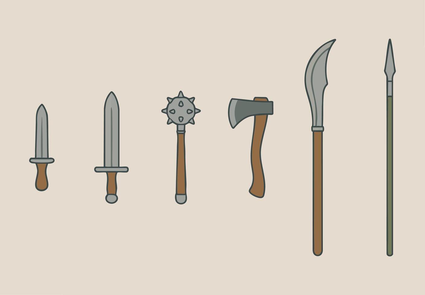 Vertical array of swords daggers mace glaive and axe on light background vector