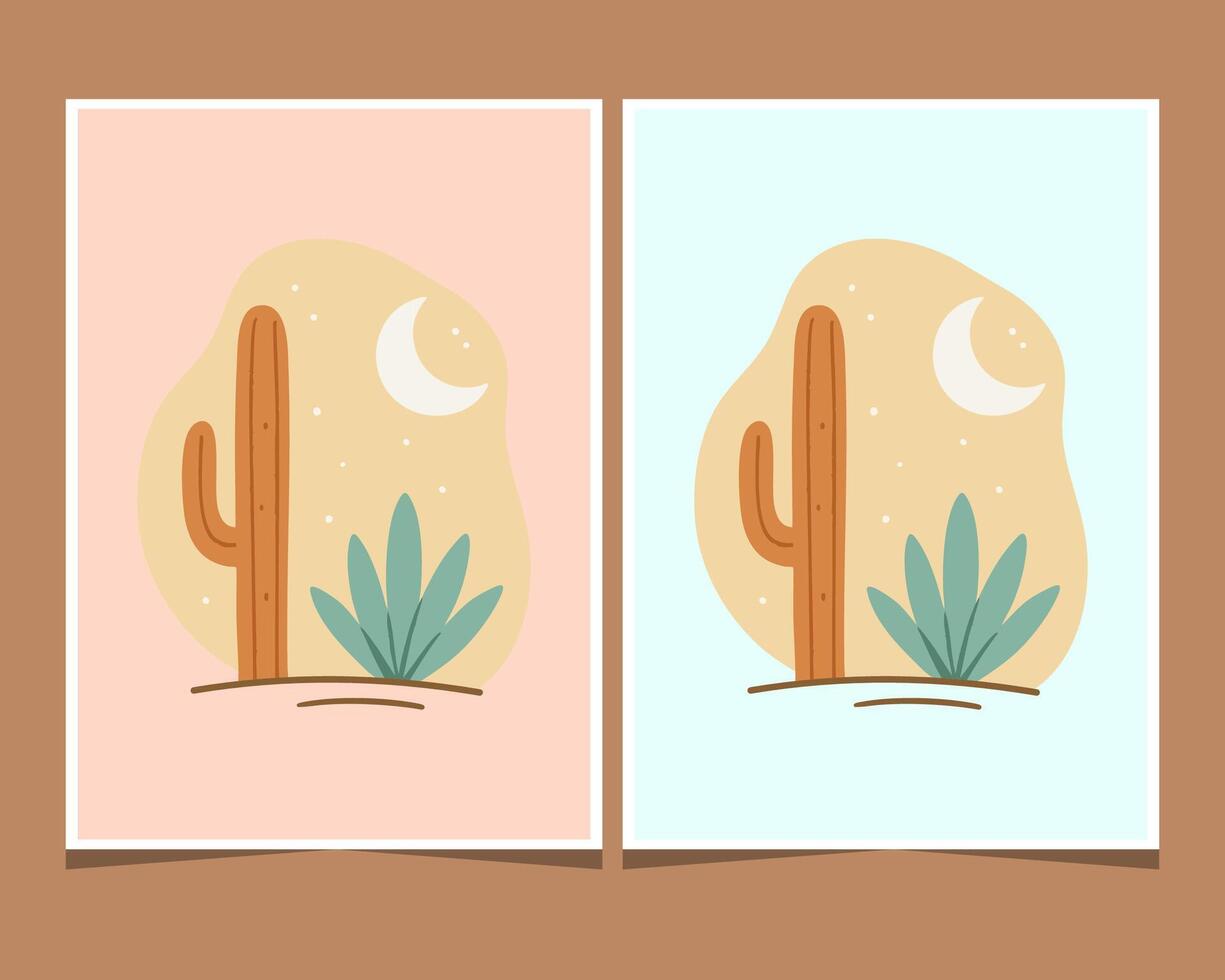Set of two minimalist boho illustrations of a desert night scene with a saguaro cactus and crescent moon. vector
