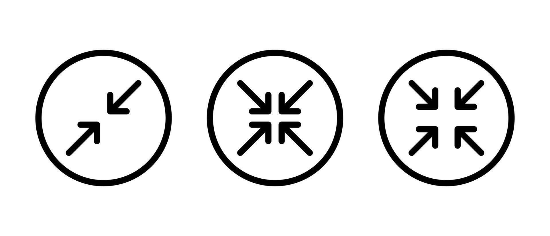 Minimize and collapse button icon set. Exit full screen symbol in circular outline vector