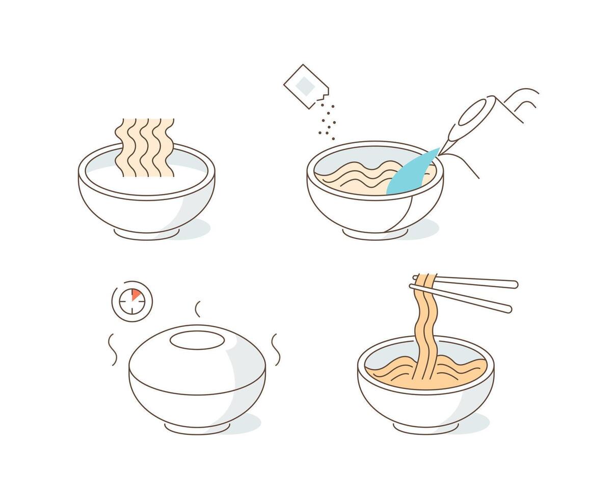 Instruction How to Prepare and Cook Dry Instant Noodle Soup. Ramen Noodles in Bowl Cup with Flavoring. Eat with Chopstick vector