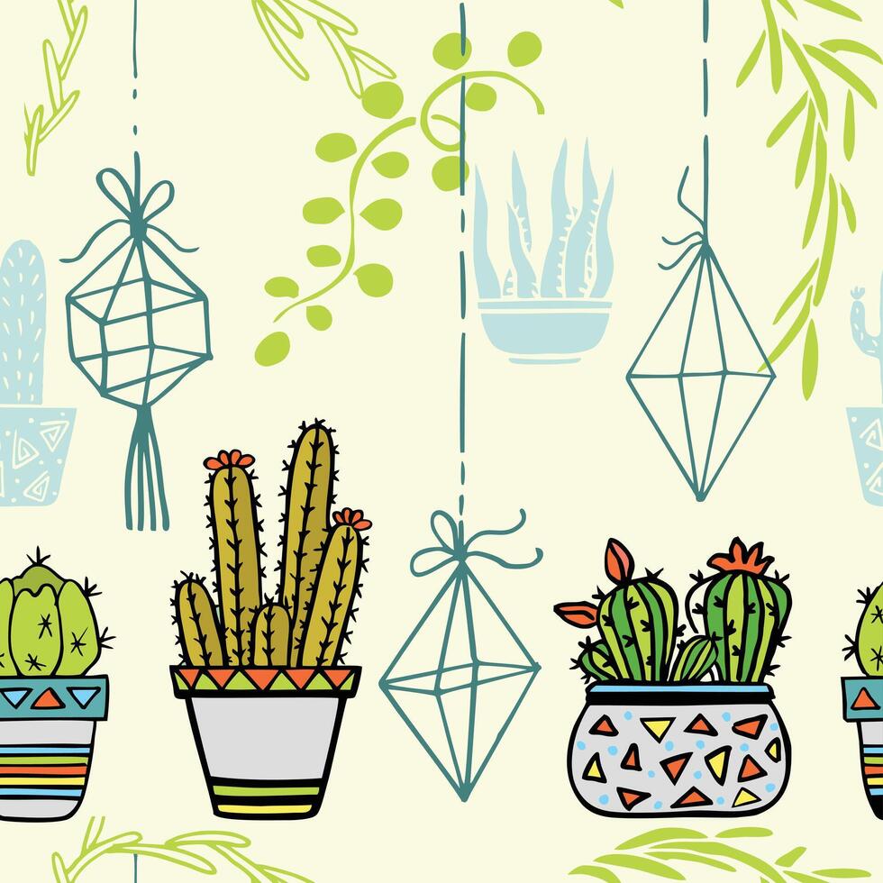 Cactus seamless pattern. Trendy boho. Cacti fabric print design. Succulent textile surface. vector