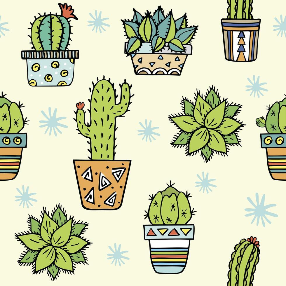 Cactus seamless pattern. Trendy boho background. Cacti fabric print design. Succulent textile surface. vector