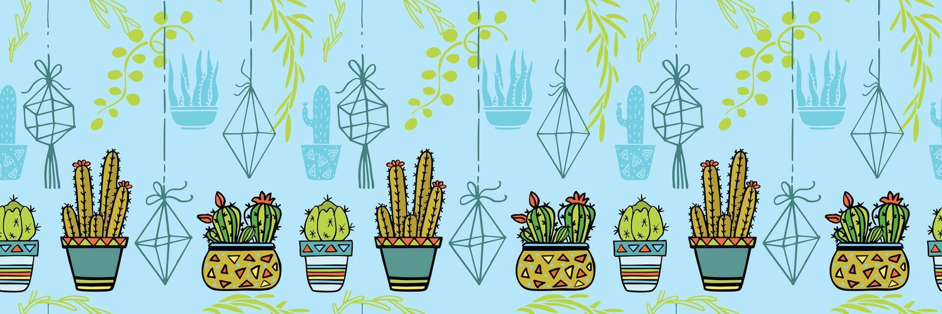 Cactus seamless pattern. Trendy boho. Ornamental stripe. Cacti fabric print design. Succulent textile surface. vector