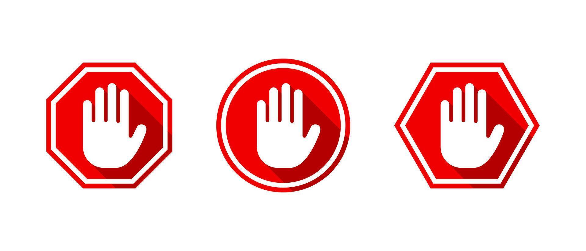 Stop hand icon set with long shadow. Palm gesture symbol. Traffic restriction sign vector