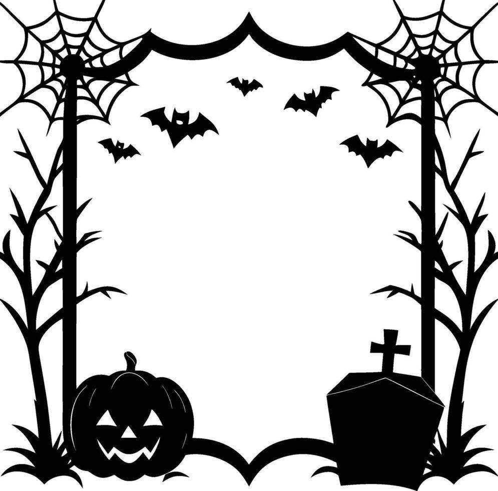 Halloween frame with webs, bats, pumpkin, and tombstone isolated on white background vector