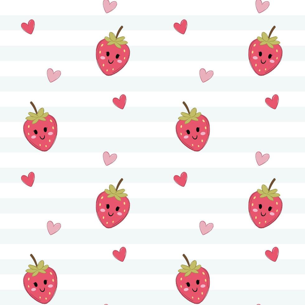 Seamless pattern with smiling strawberries and hearts doodles in kids crayon style. Fun colorful childlike background. vector