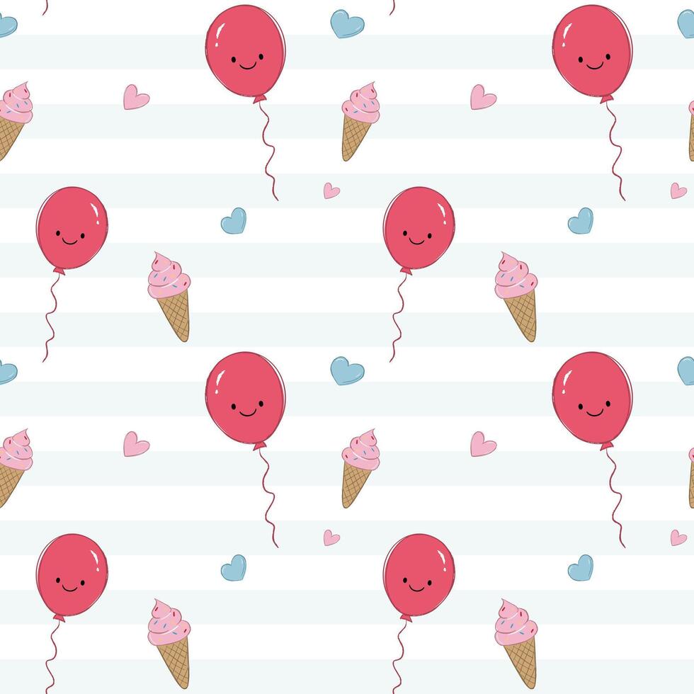 Seamless pattern with smiling balloons and ice cream in kids crayon style. Fun colorful childlike background. vector