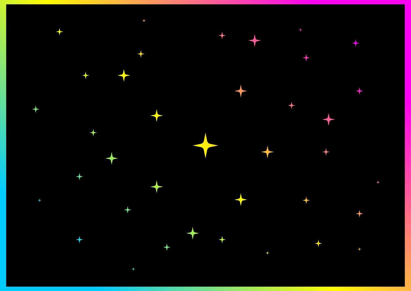 A vibrant array of colorful stars of various sizes twinkle against a deep black night sky, framed by a luminous rainbow gradient. celestial pattern creates a magical and sparkling cosmic background vector